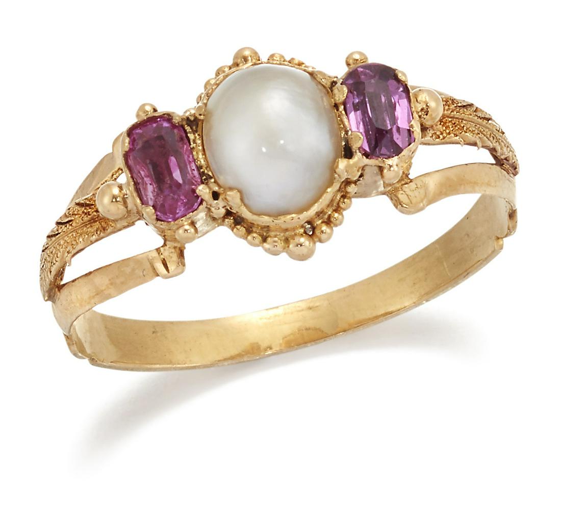 A MID 19TH CENTURY PEARL AND RUBY THREE STONE RING (1 of 1)