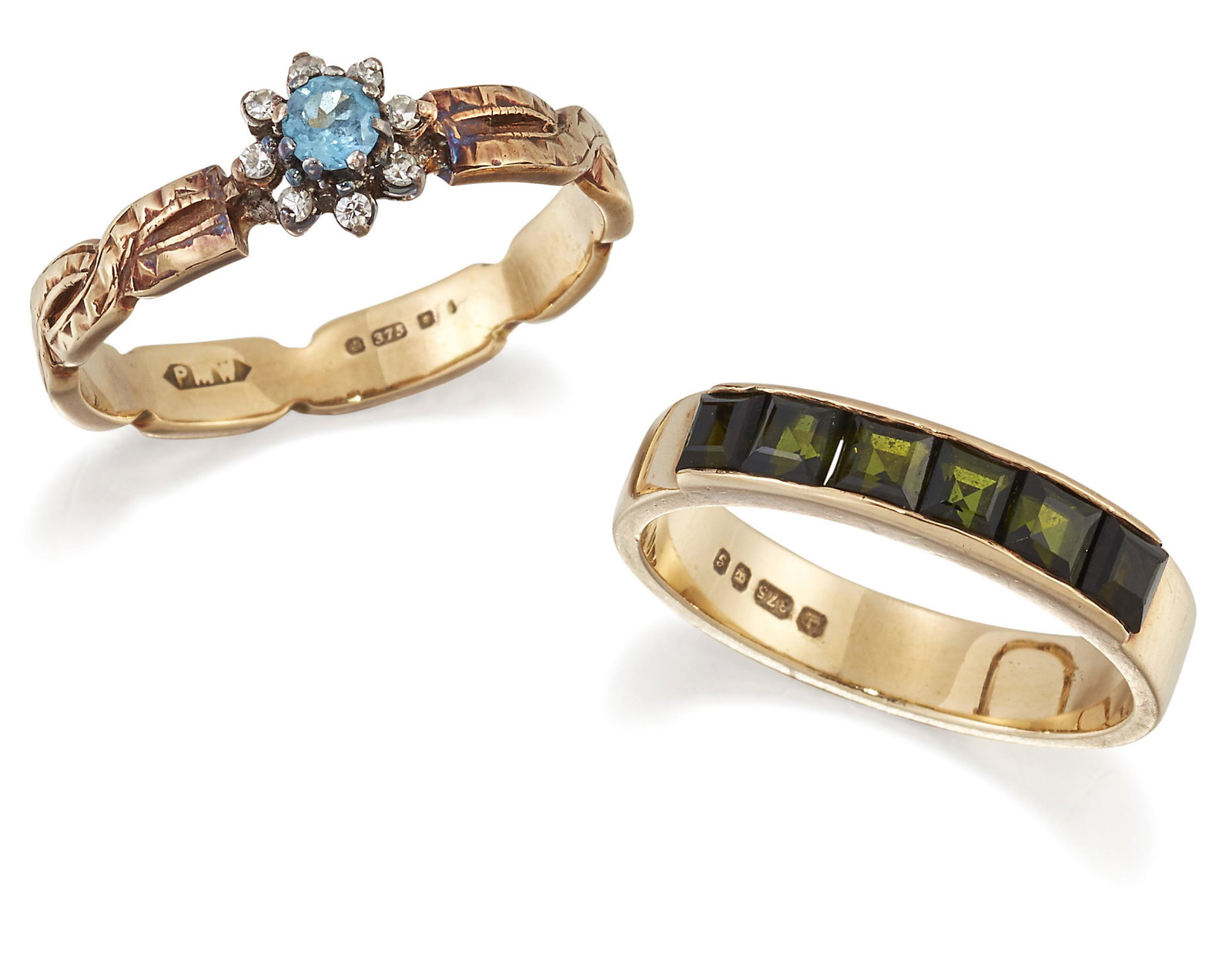 A 9 CARAT GOLD GREEN TOURMALINE RING, AND A 9 CARAT GOLD BLUE TOPAZ AND DIAMOND CLUSTER RING: A 9 CARAT GOLD GREEN TOURMALINE RING, square-cut green tourmaline channel-set to a flat-sided shank, hallmarked London 1981, ring size L1/2; and A 9 CARAT GOLD BLUE TOPAZ AND DIAMOND CLUSTER RING, a r