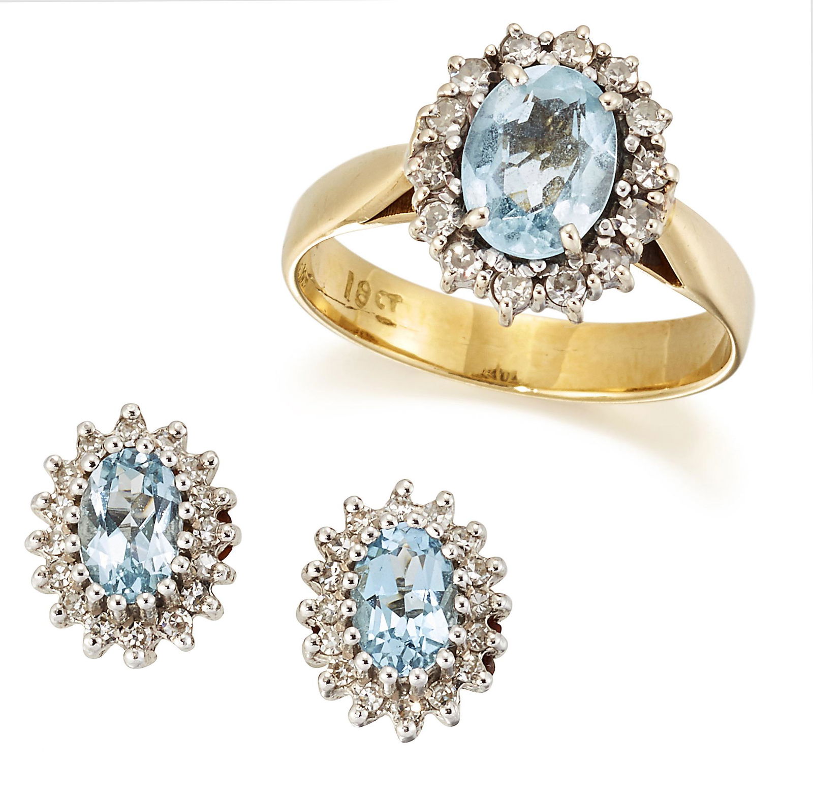 AN AQUAMARINE AND DIAMOND CLUSTER RING AND EARRING SET: AN AQUAMARINE AND DIAMOND CLUSTER RING AND EARRING SET, oval-cut aquamarine within borders of eight-cut diamonds, the earrings with post fittings. Estimated total diamond weight of ring 0.20ct, estima