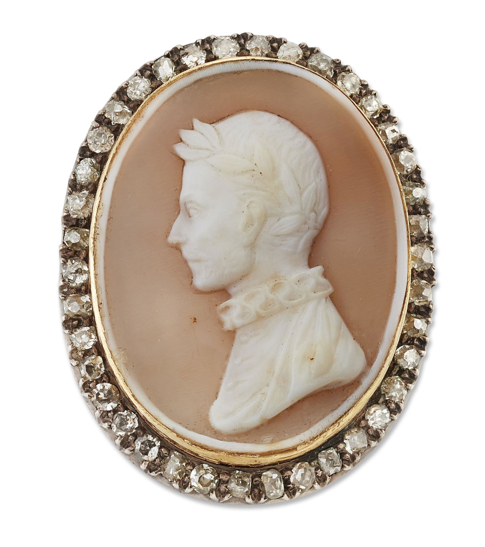 A LATE 19TH CENTURY SHELL CAMEO AND DIAMOND BROOCH (1 of 1)