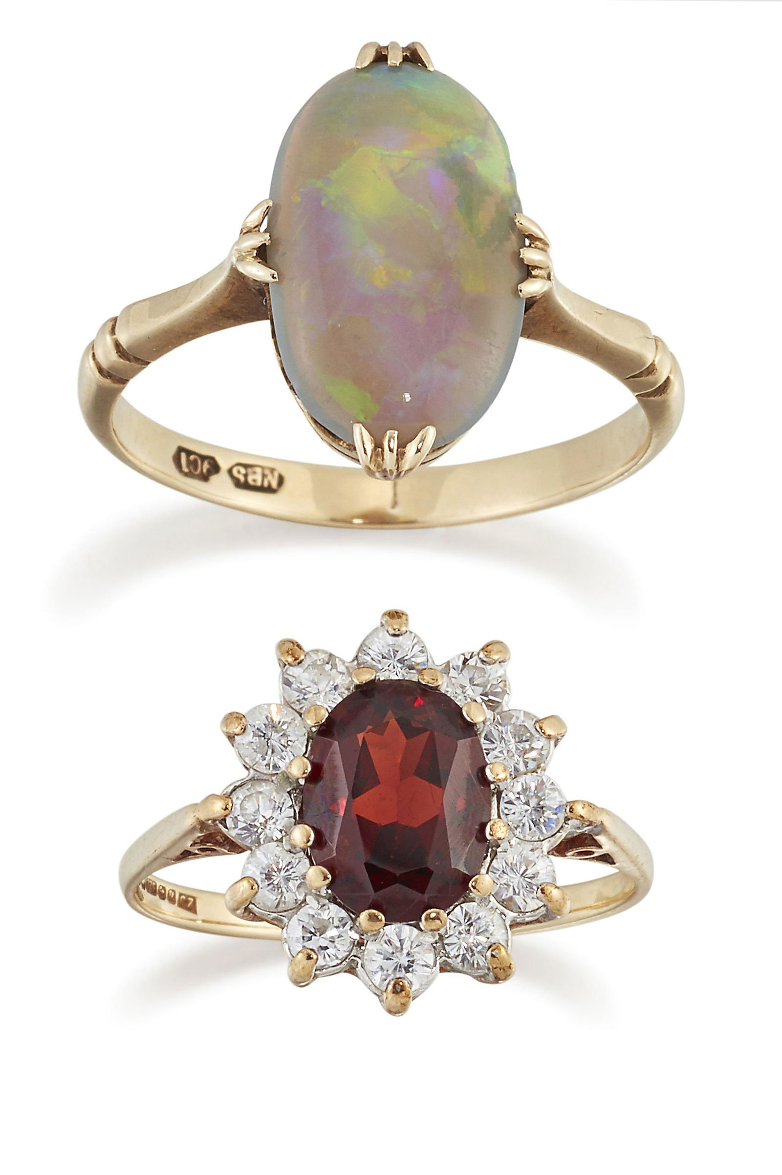 A BLACK OPAL RING, AND A 9 CARAT GOLD GARNET AND WHITE CUBIC ZIRCONIA CLUSTER RING (1 of 1)
