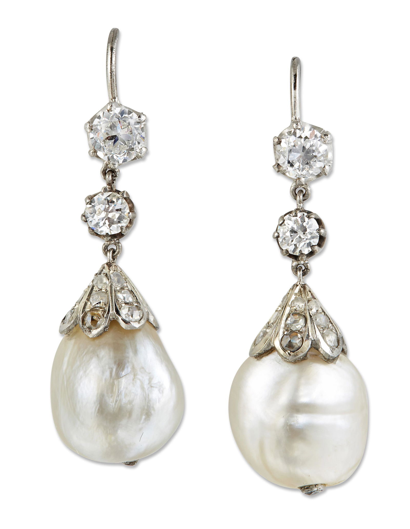 A PAIR OF NATURAL SALTWATER PEARL AND DIAMOND PENDANT EARRINGS (1 of 1)