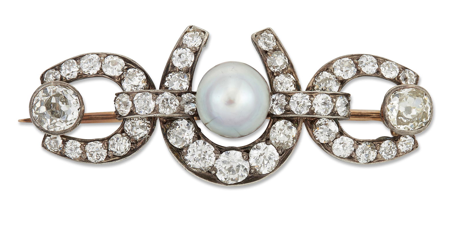 A LATE 19TH CENTURY NATURAL PEARL AND DIAMOND HORSESHOE BROOCH (1 of 1)