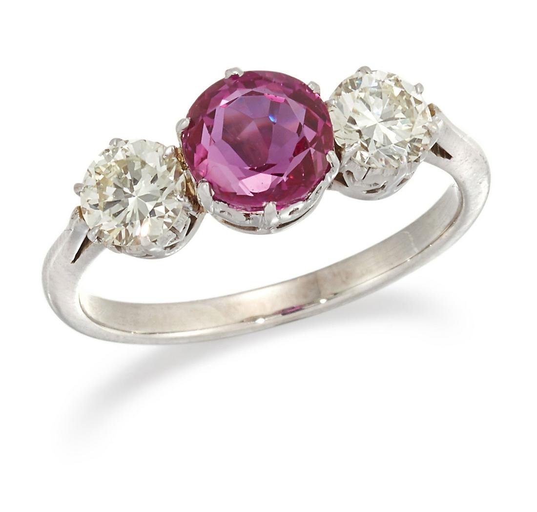 A RUBY AND DIAMOND THREE STONE RING (1 of 1)