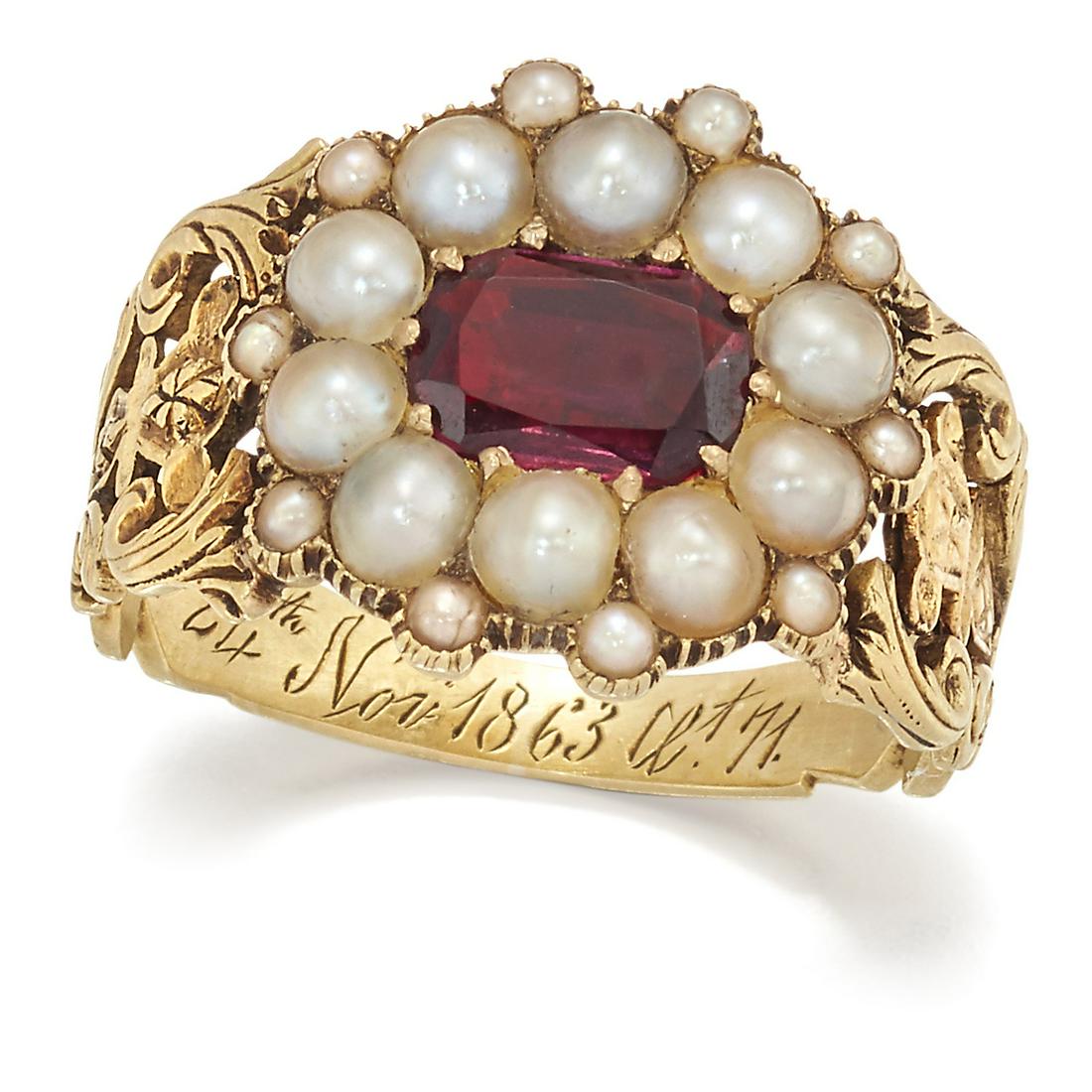 AN EARLY 19TH CENTURY GARNET AND SPLIT PEARL CLUSTER MOURNING RING (1 of 1)
