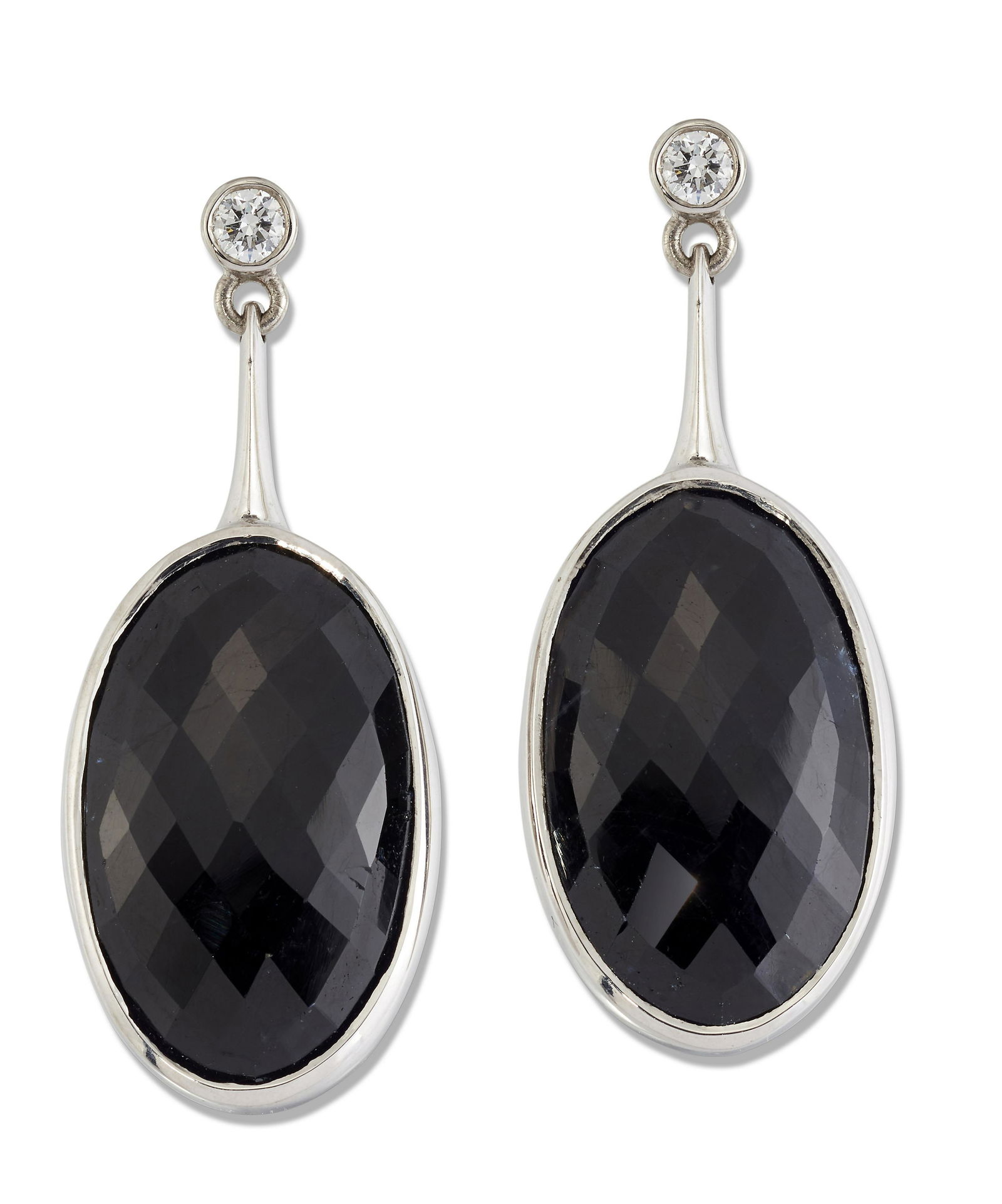 A PAIR OF 18 CARAT WHITE GOLD BLACK SAPPHIRE AND DIAMOND PENDANT EARRINGS (1 of 1)