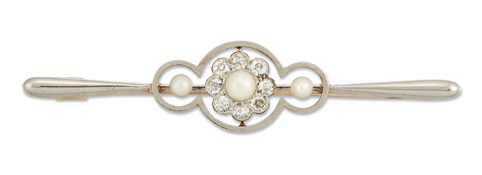 AN EARLY 20TH CENTURY PEARL AND DIAMOND BAR BROOCH (1 of 1)