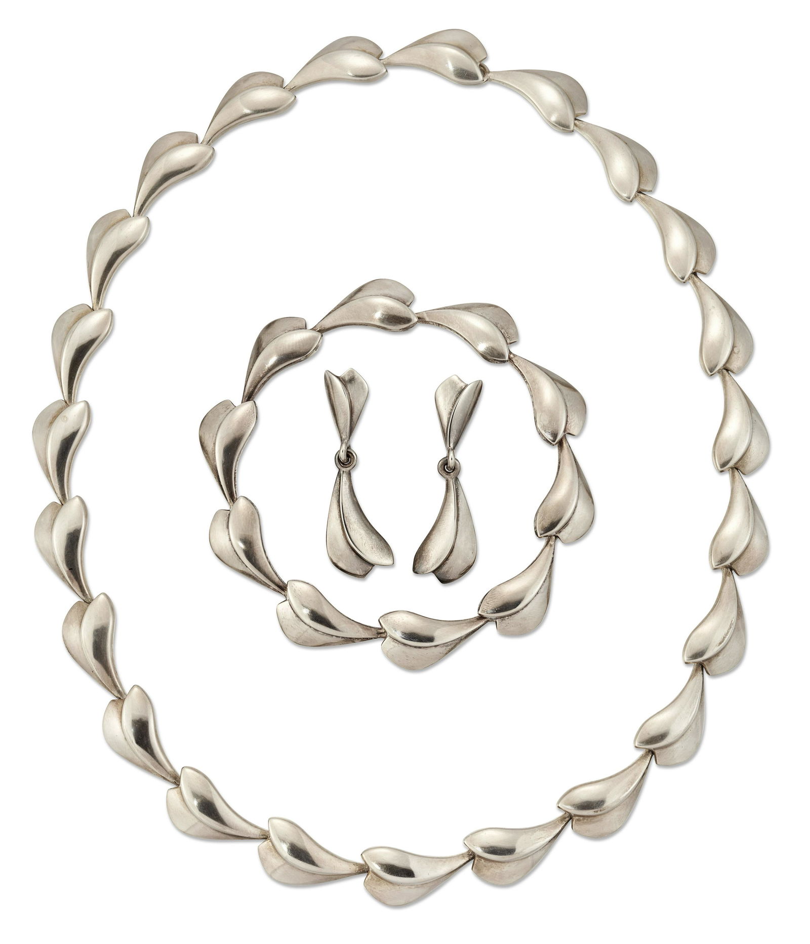 PER HERTZ FOR GEORG JENSEN - A DANISH SILVER LOTUS NECKLACE, EARRINGS AND BRACELET SET (1 of 1)