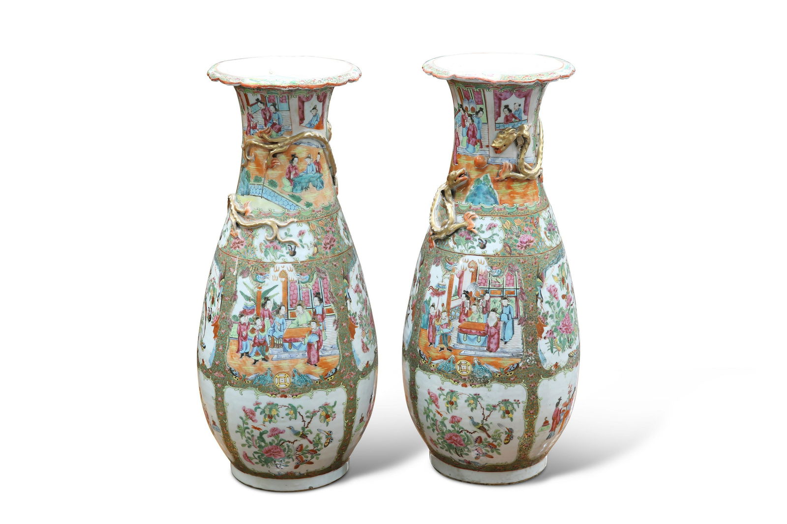 A LARGE PAIR OF 19TH CENTURY CANTONESE FAMILLE ROSE VASES (1 of 2)