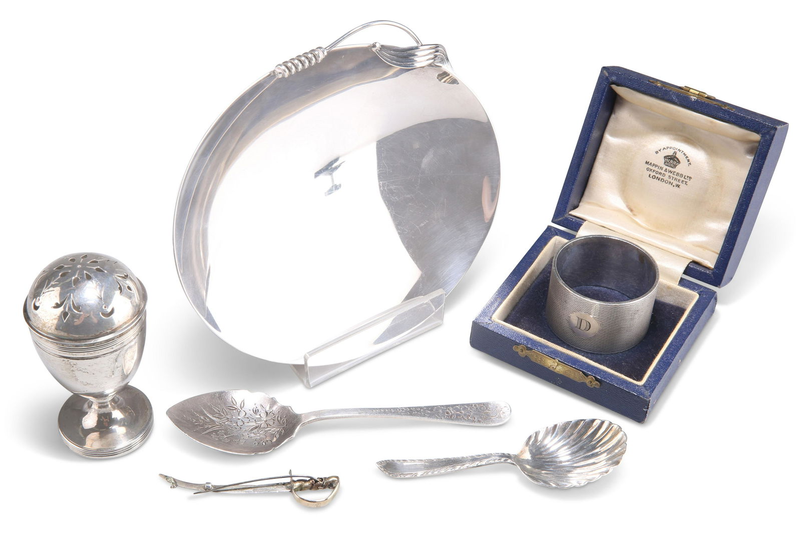 A GROUP OF SILVER, ETC.: A GROUP OF SILVER, ETC. including a napkin ring by Mappin & Webb, cased; a Victorian caster by Charles Stuart Harris; a preserve spoon by Mappin & Webb; an oval Danish silver plated dish; etc.