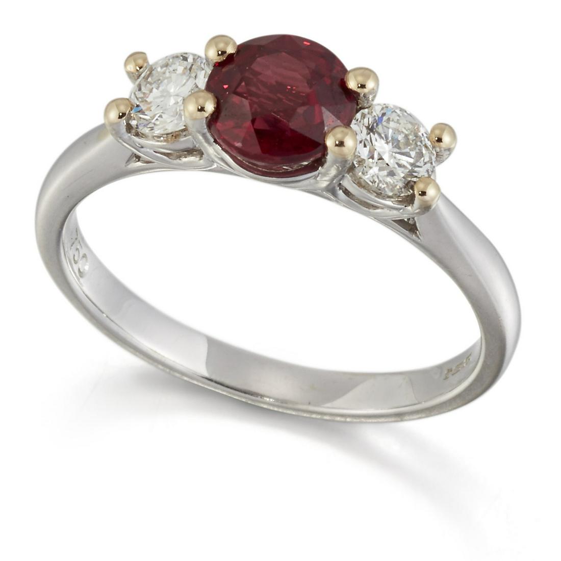 AN 18 CARAT WHITE GOLD RUBY AND DIAMOND THREE STONE RING (1 of 1)