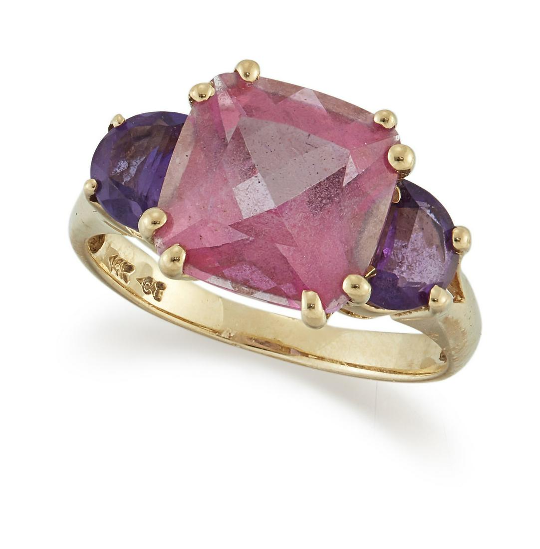 A PINK TOPAZ AND AMETHYST THREE STONE RING (1 of 1)