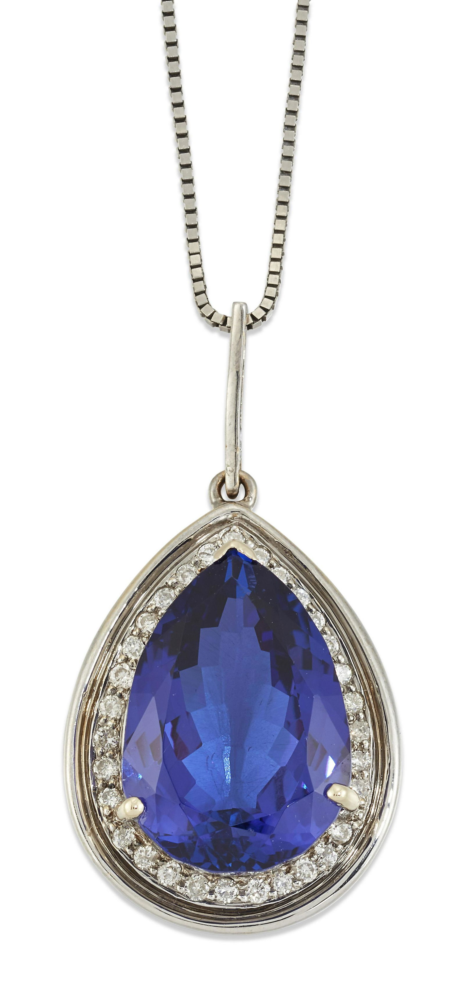 AN 18 CARAT WHITE GOLD TANZANITE AND DIAMOND CLUSTER PENDANT ON A PLATINUM CHAIN (1 of 1)