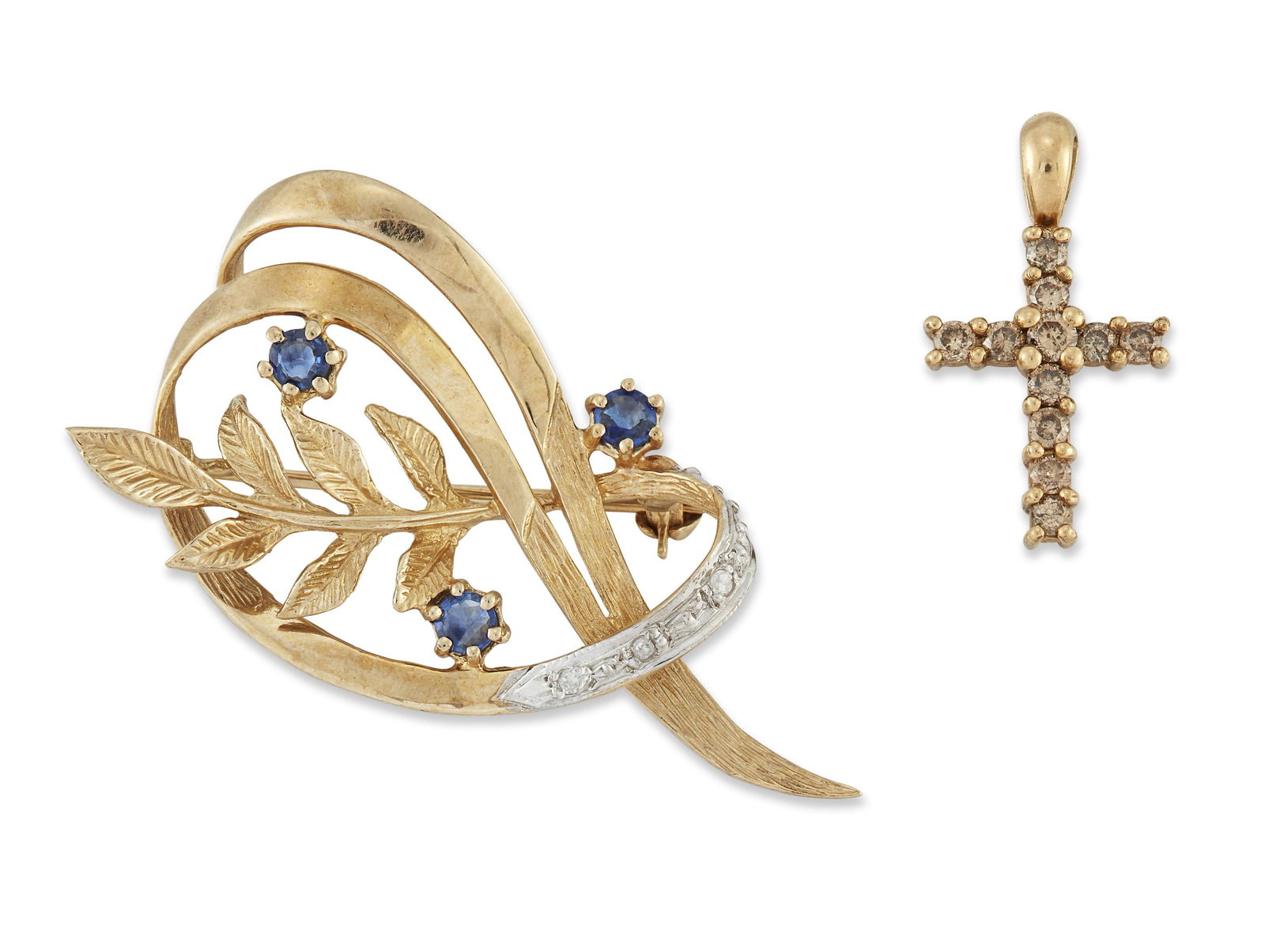 A 9 CARAT GOLD SAPPHIRE AND DIAMOND BROOCH, AND A 9 CARAT GOLD DIAMOND CROSS (1 of 1)
