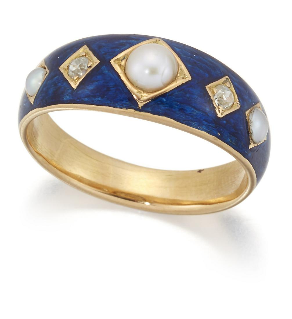 AN EARLY TO MID-19TH CENTURY ENAMEL, PEARL AND DIAMOND MOURNING RING (1 of 1)