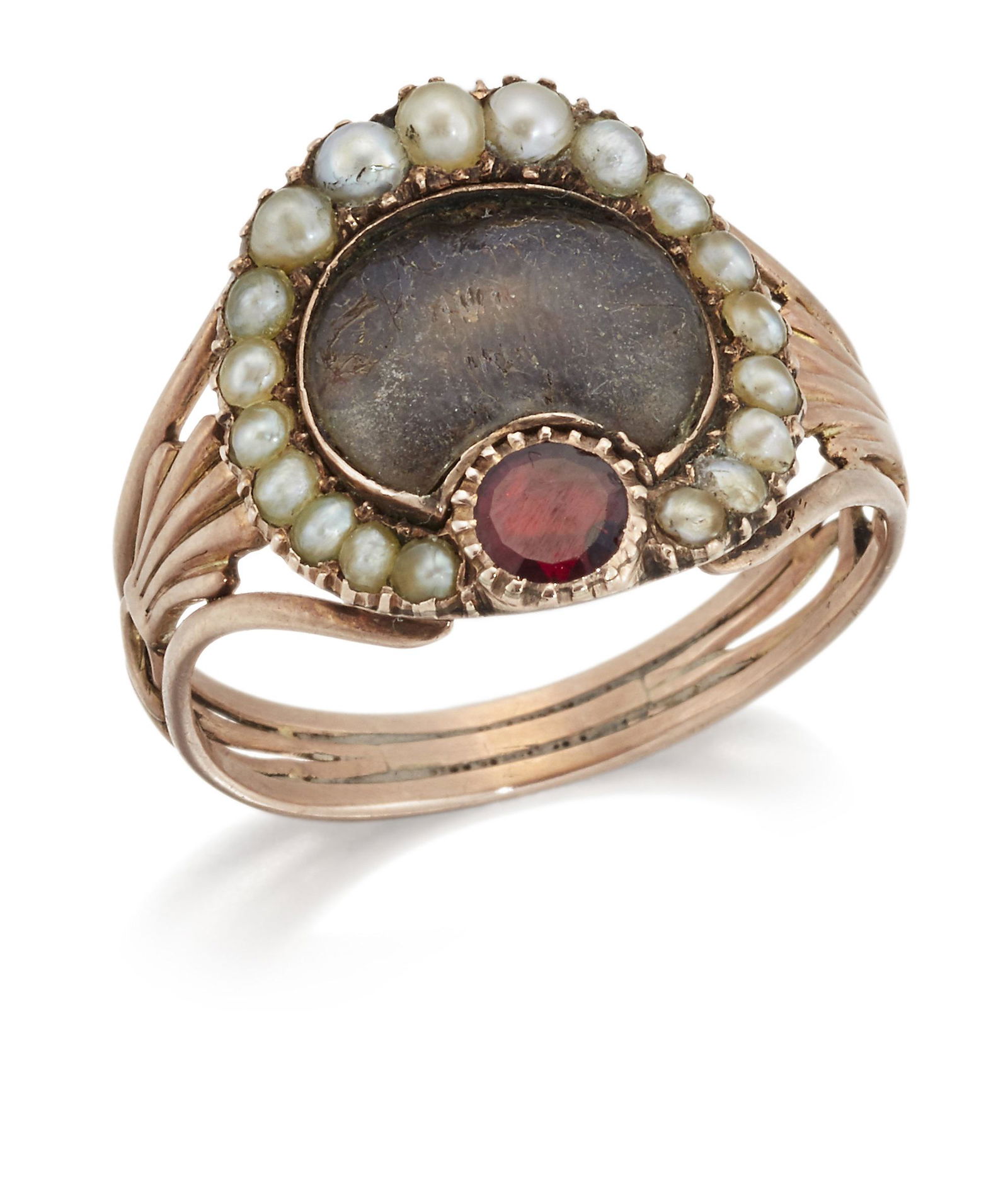 A GEORGIAN HAIRWORK, SEED PEARL AND GARNET SENTIMENTAL RING (1 of 1)
