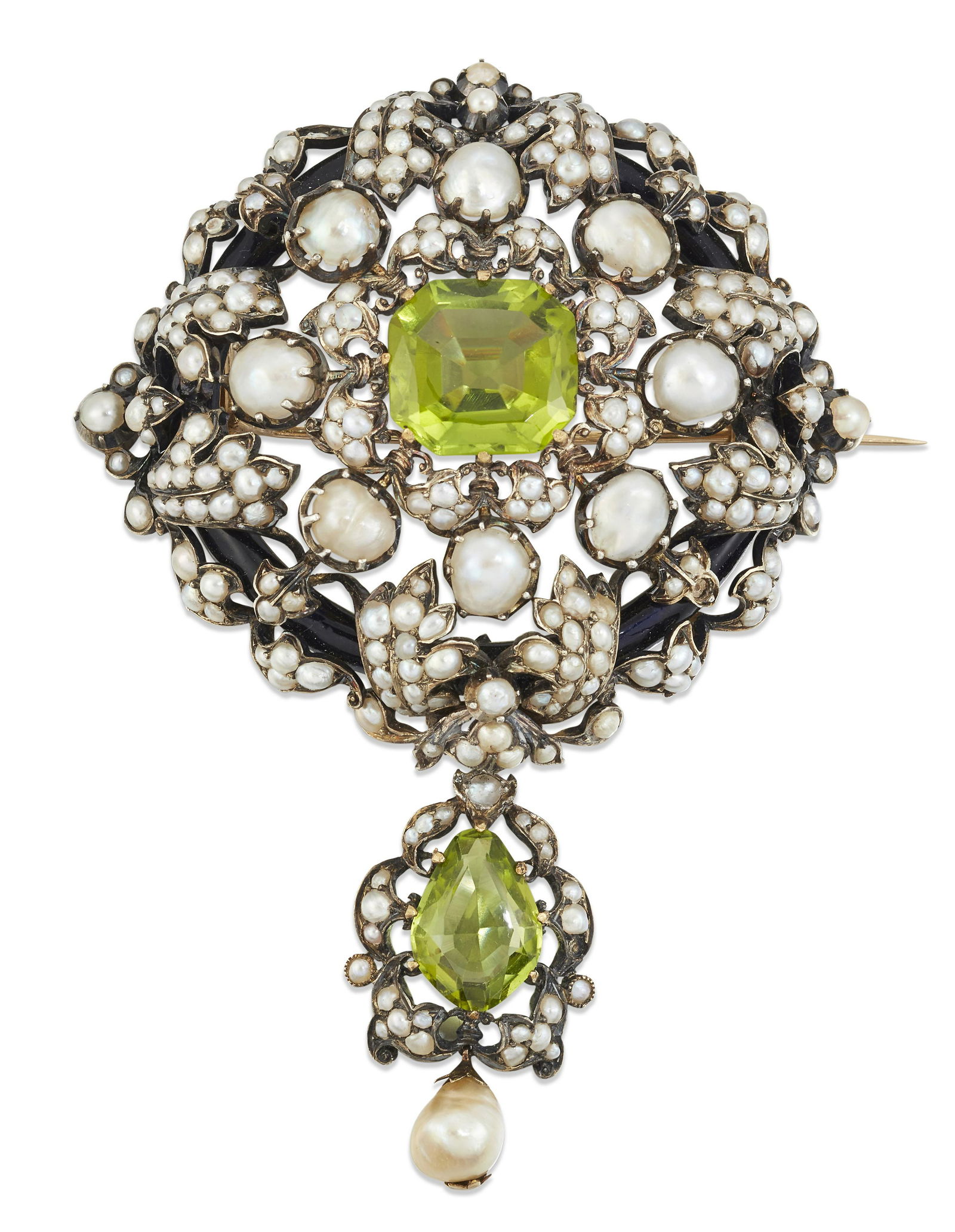 A LARGE MID-19TH CENTURY PERIDOT AND NATURAL SALTWATER PEARL BROOCH (1 of 1)