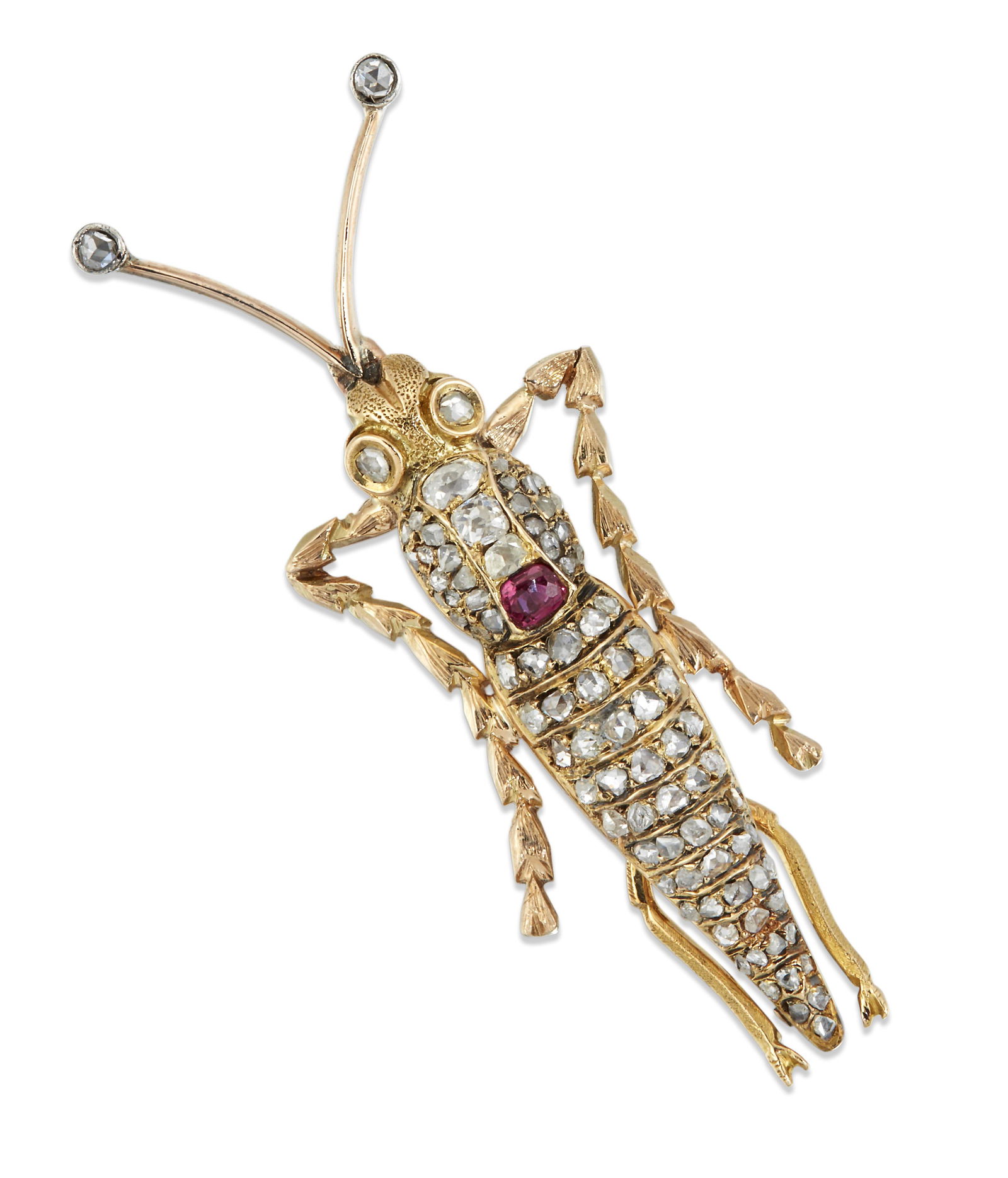 AN EARLY 20TH CENTURY DIAMOND AND RUBY NOVELTY CRICKET BROOCH (1 of 1)