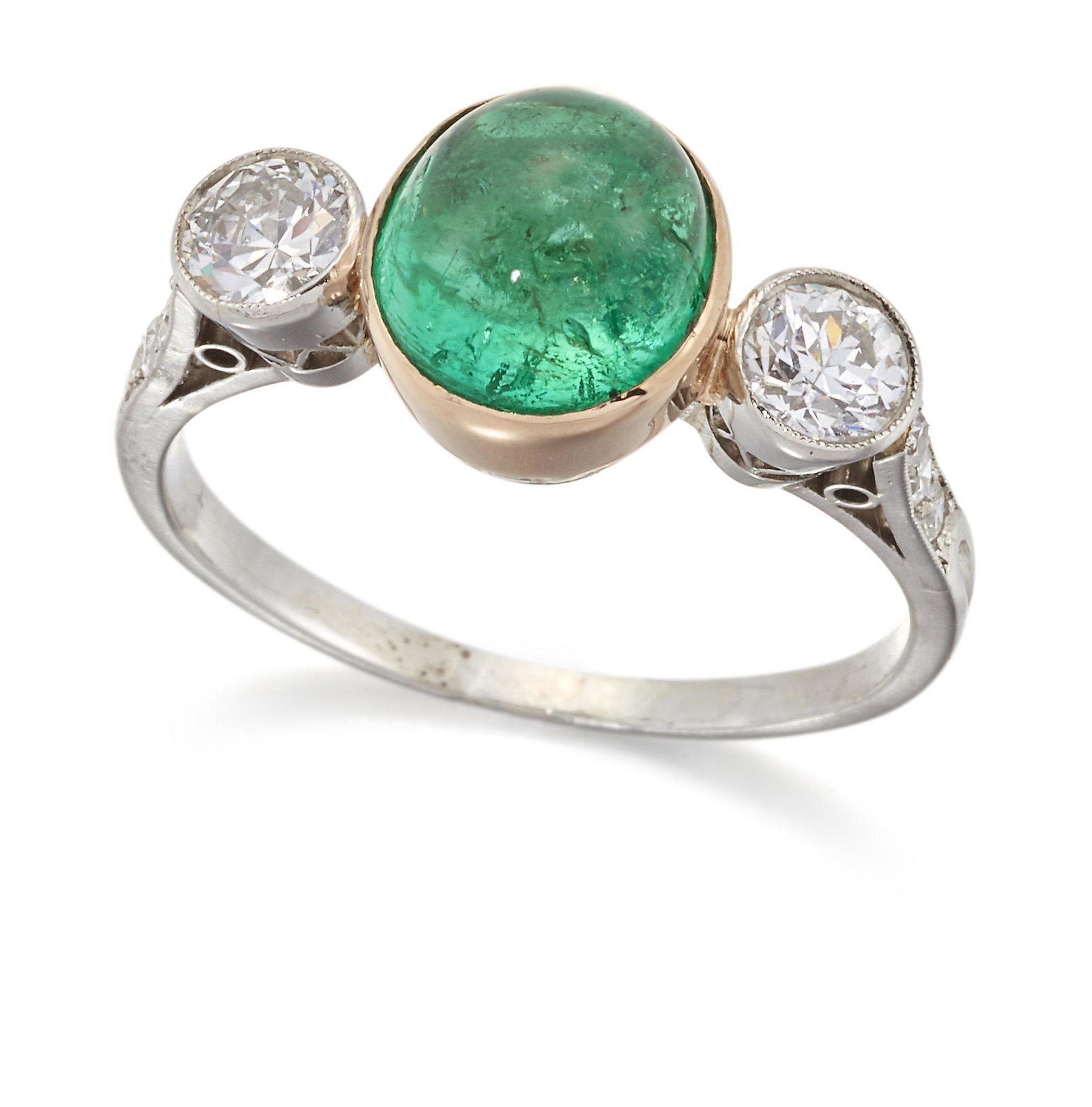 AN EMERALD AND DIAMOND THREE STONE RING (1 of 1)