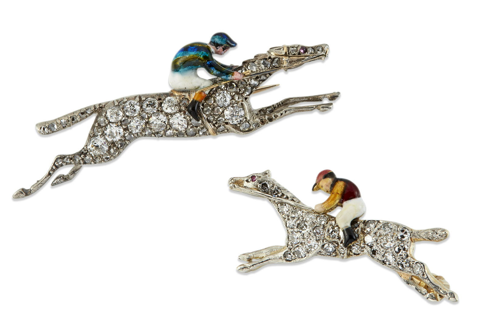 TWO DIAMOND AND ENAMEL NOVELTY EQUESTRIAN BROOCHES (1 of 2)