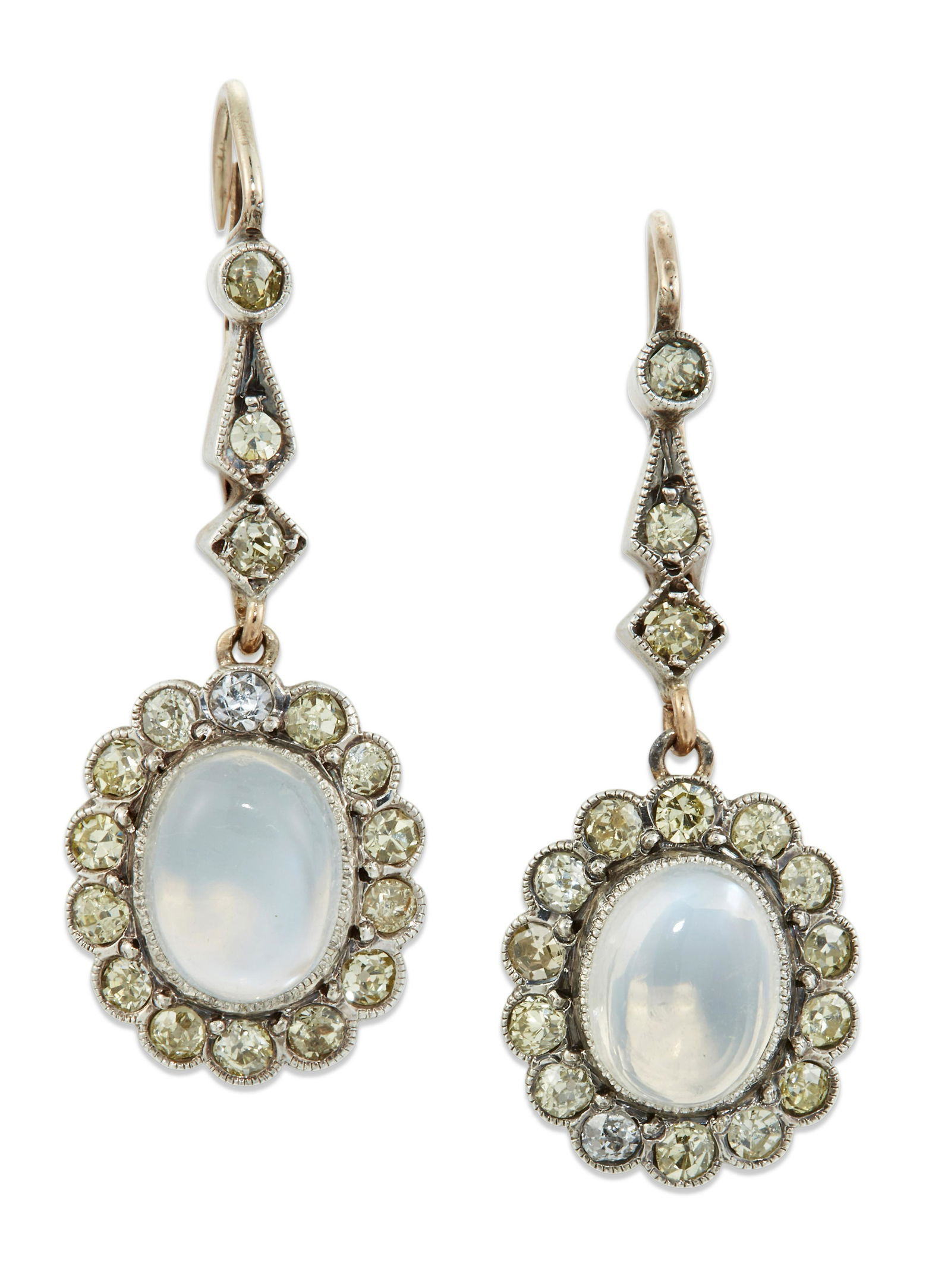 A PAIR OF EARLY 20TH CENTURY MOONSTONE AND DIAMOND CLUSTER PENDANT EARRINGS (1 of 1)