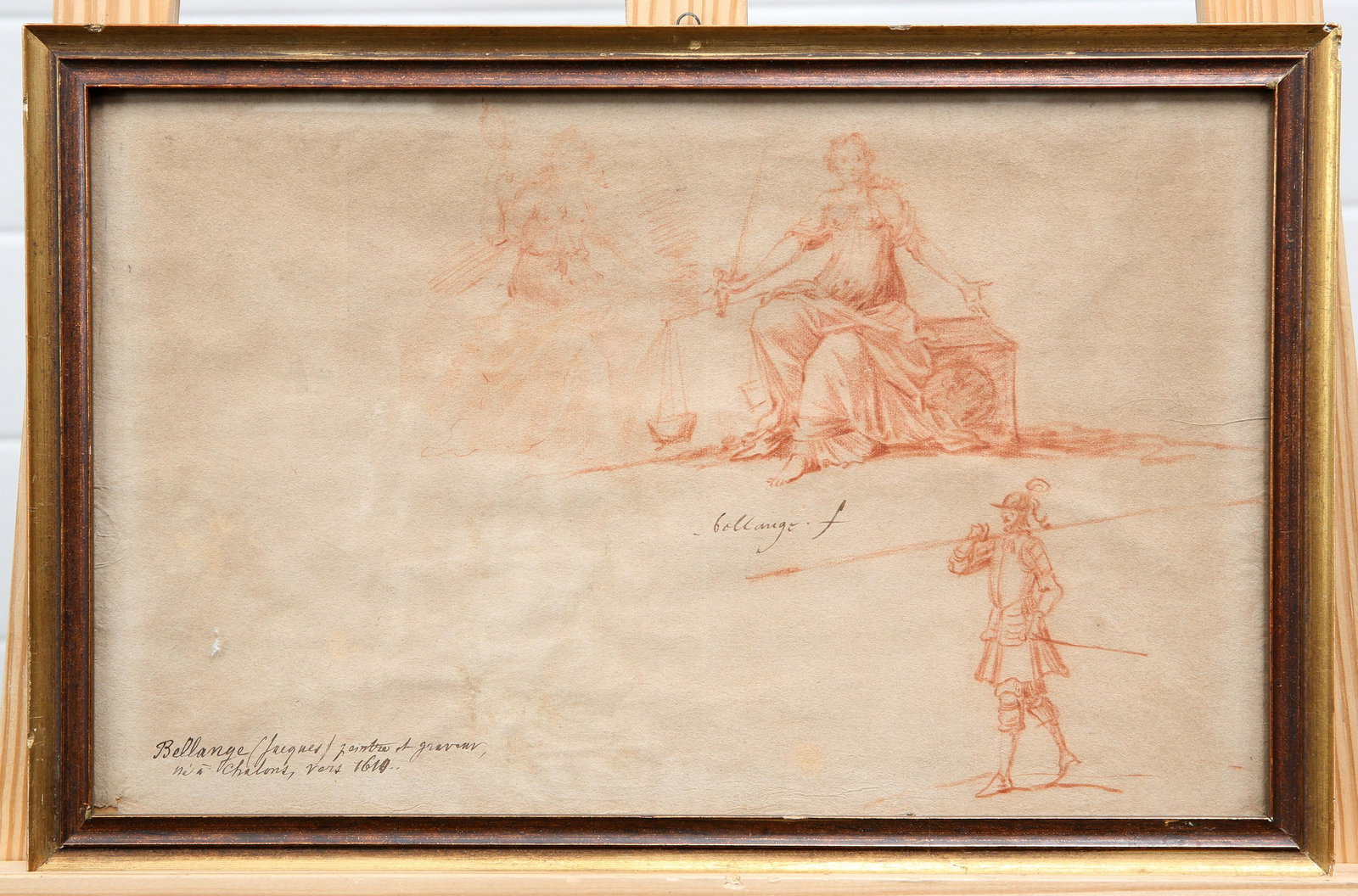 CIRCLE OF JACQUES BELLANGE (1575-1666): red chalk study of a seated female figure holding a sword, and two other figures, with inscription in black ink lower left, bears signature, framed. 21cm by 34cm