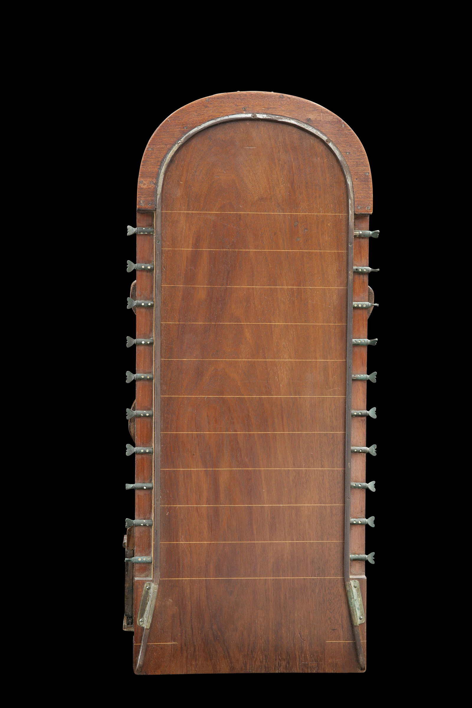 AN EDWARDIAN INLAID MAHOGANY SHOVE HA'PENNY BOARD: with rotating score markers. 74cm high, 30cm wide