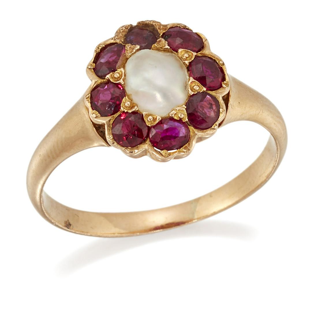 A SPLIT PEARL AND RUBY CLUSTER RING (1 of 1)