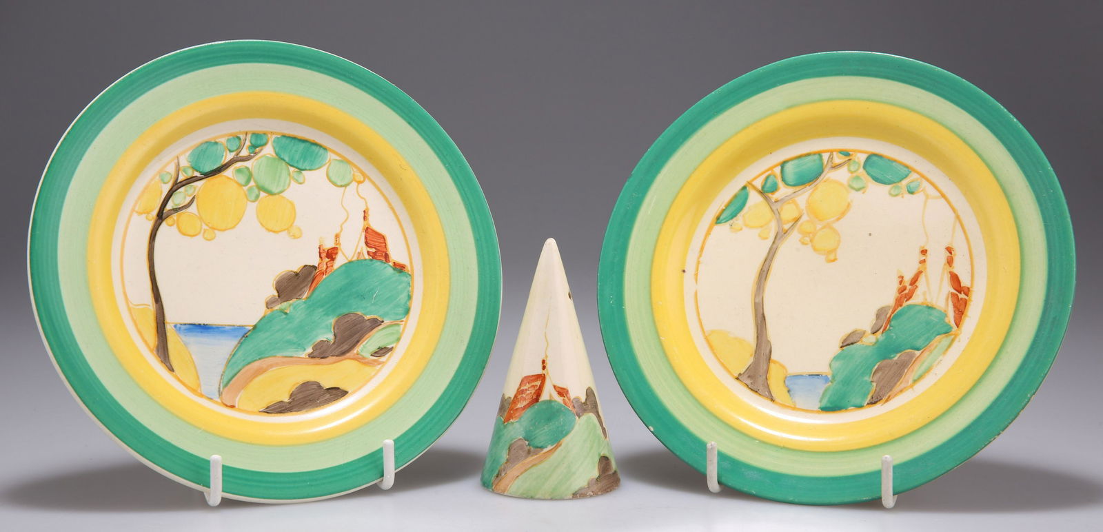 TWO CLARICE CLIFF BIZARRE SECRETS PATTERN SIDE PLATES AND A CONICAL SALT (1 of 1)