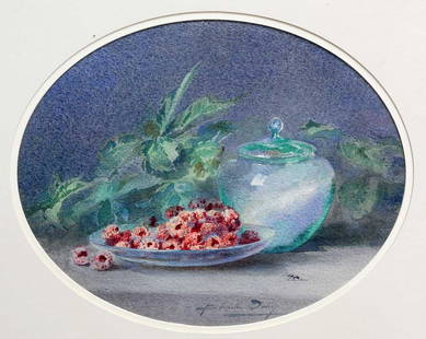 BLANCHE ODIN (FRENCH 1865-1957) STILL LIFE OF RASPBERRIES AND A GLASS JAR: BLANCHE ODIN (FRENCH 1865-1957) STILL LIFE OF RASPBERRIES AND A GLASS JAR ‡ Signed Watercolour (oval) 27cm x 34cm