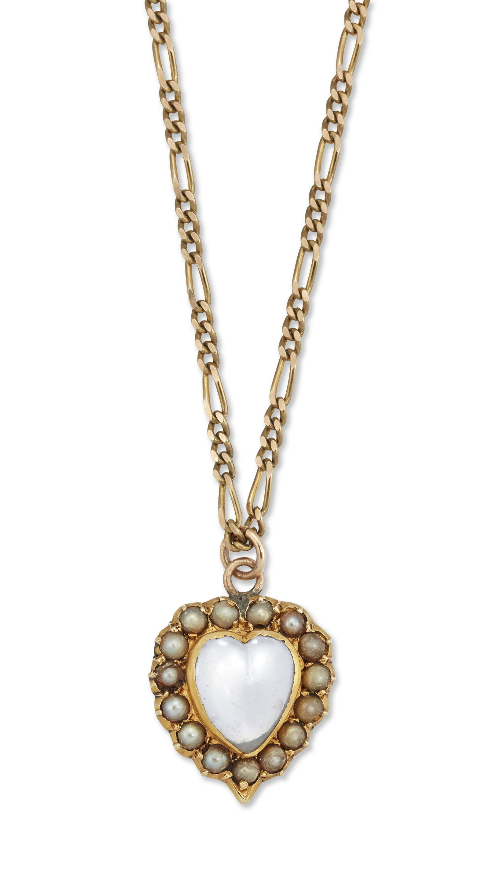A LATE 19TH CENTURY MOONSTONE AND SEED PEARL PENDANT ON A 9 CARAT GOLD CHAIN: A LATE 19TH CENTURY MOONSTONE AND SEED PEARL PENDANT ON A 9 CARAT GOLD CHAIN a heart-cut moonstone within a border of seed pearls, to a later 9 carat gold figaro chain necklace. Pendant unmarked, chai