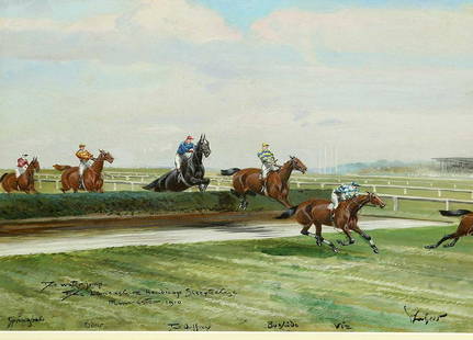 JOHN BEER (1860-1930) THE WATER JUMP, THE LANCASHIRE HANDICAP STEEPLECHASE, MANCHESTER 1910: JOHN BEER (1860-1930) THE WATER JUMP, THE LANCASHIRE HANDICAP STEEPLECHASE, MANCHESTER 1910 Signed and inscribed Watercolour 24cm x 35cm