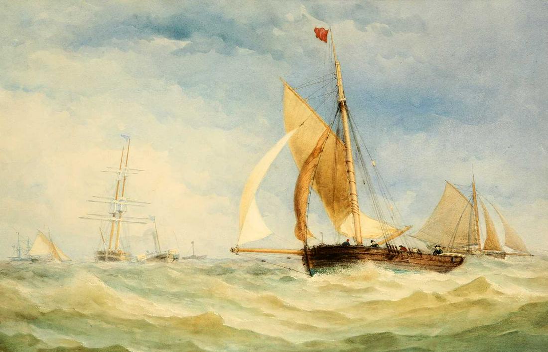CHARLES TAYLOR JUNIOR (FL 1841-1883) SHIPS OUT AT SEA, TALLSHIPS, STEAMBOAT AND FISHING VESSELS: CHARLES TAYLOR JUNIOR (FL 1841-1883) SHIPS OUT AT SEA, TALLSHIPS, STEAMBOAT AND FISHING VESSELS Watercolour Unframed 41cm x 64cm