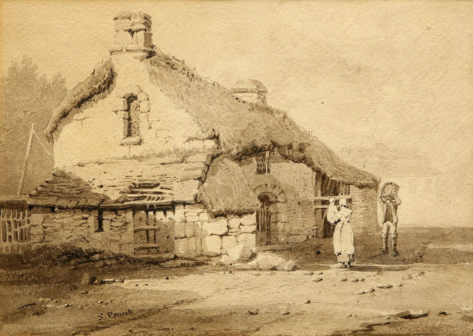 SAMUEL PROUT (1783-1852) OLD COTTAGES IN DEVON: SAMUEL PROUT (1783-1852) OLD COTTAGES IN DEVON Signed Brown washes over pencil on wove paper Provenance: Purchased at Sotheby's New York, February 1982 (18.5cm x 26.5cm)