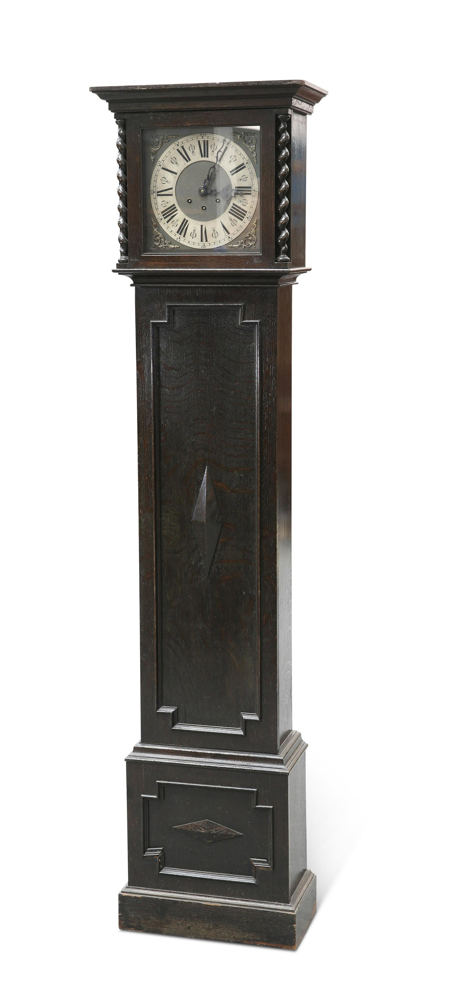 A 1920S OAK THREE-TRAIN LONGCASE CLOCK: A 1920S OAK THREE-TRAIN LONGCASE CLOCK the 9¾-inch square brass dial with silvered Roman chapter, the hood with barleytwist columns, the case with moulded door and base, the movement striking r