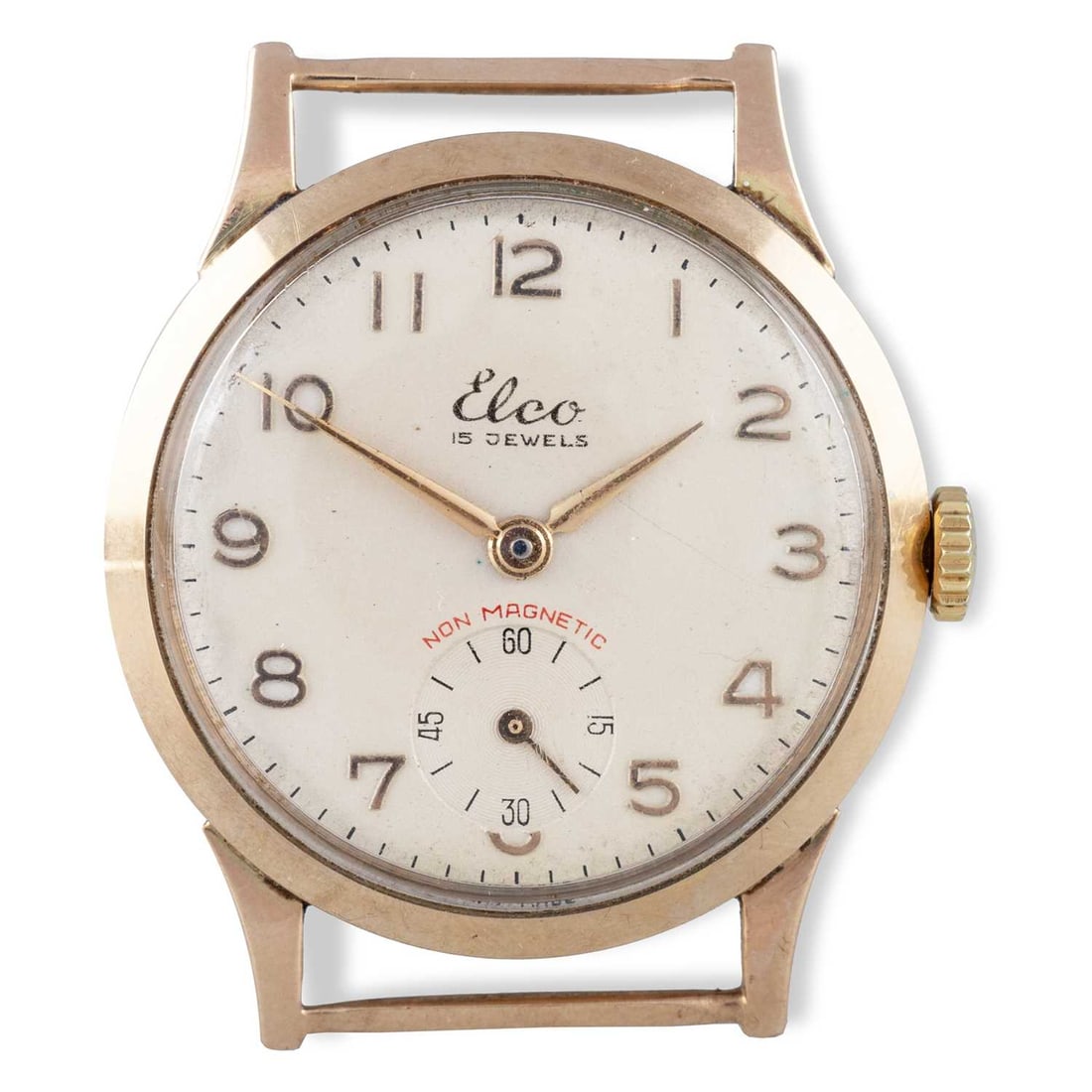 A 9CT GOLD ELCO WATCH HEAD: A 9CT GOLD ELCO WATCH HEAD circular ivory dial signed Elco 15 Jewels, with gilt hands and Arabic indices and outer minute track, plain case 30mm diameter with plain crown and fixed lugs, snap on case