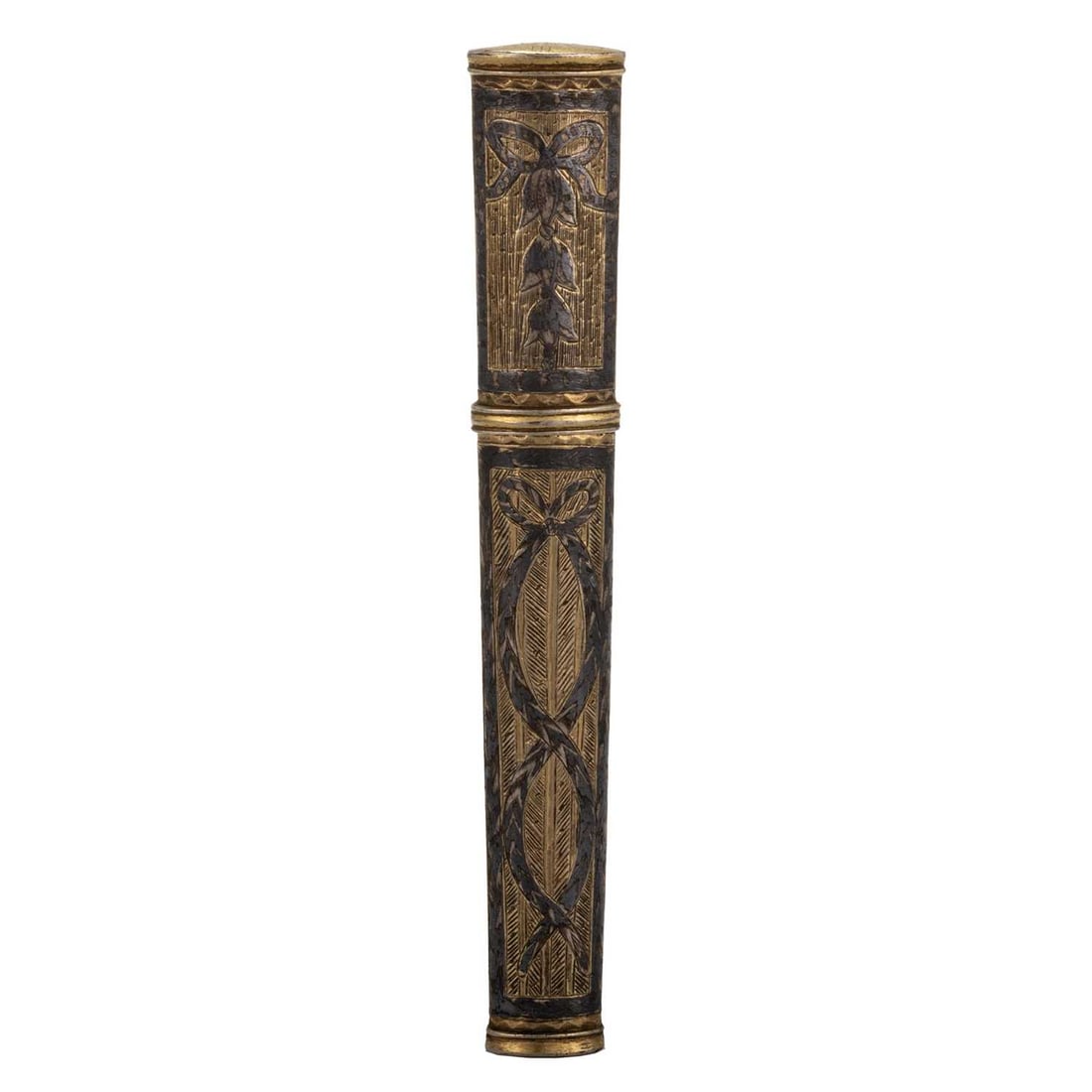 A LATE 18TH CENTURY RUSSIAN 84 ZOLOTNIK SILVER-GILT AND NIELLO NEEDLE CASE: A LATE 18TH CENTURY RUSSIAN 84 ZOLOTNIK SILVER-GILT AND NIELLO NEEDLE CASE Moscow, c.1770, of tapering oval-section, with pull-off lid, engraved and niello decorated with interlocking ribbon and bellf