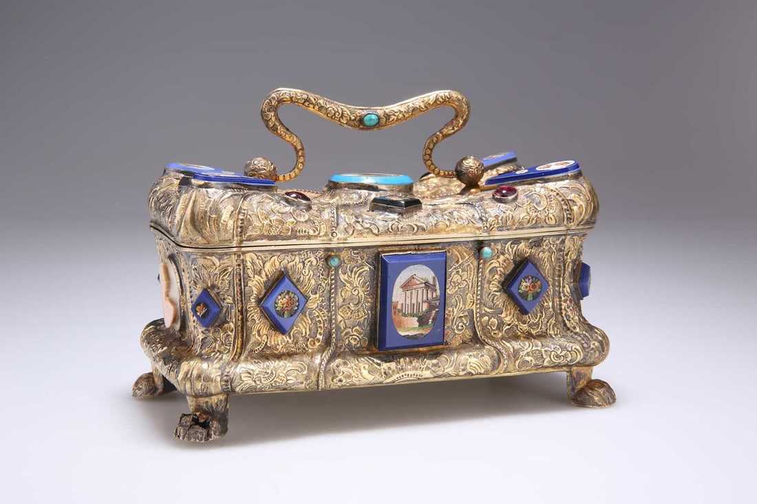 A RARE VIENNESE SILVER-GILT CASKET MOUNTED WITH CAMEOS, MICROMOSAICS AND 'JEWELS' (1 of 5)