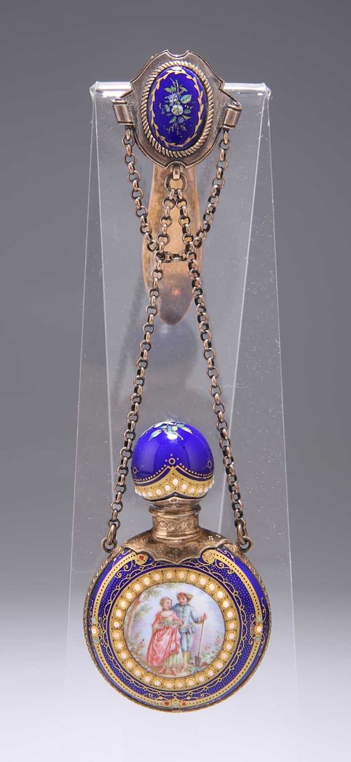A FRENCH SILVER AND ENAMEL SCENT BOTTLE, MID-19TH CENTURY (1 of 2)