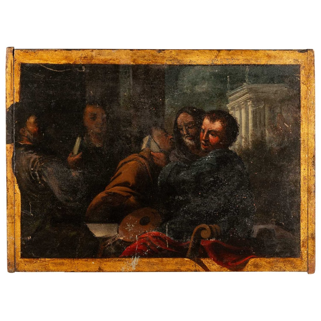 18TH/19TH CENTURY OLD MASTER SCHOOL FIGURES OUSIDE A TEMPLE WITH MUSICAL INSTRUMENTS (1 of 2)