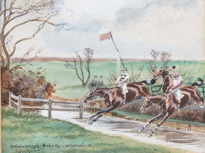 JOHN BEER (1860-1930) CHANDLERS BROOK, WARWICKSHIRE. STEEPLE CHASE: JOHN BEER (1860-1930) CHANDLERS BROOK, WARWICKSHIRE. STEEPLE CHASE Signed Watercolour heightened with white (14cm x 18cm)