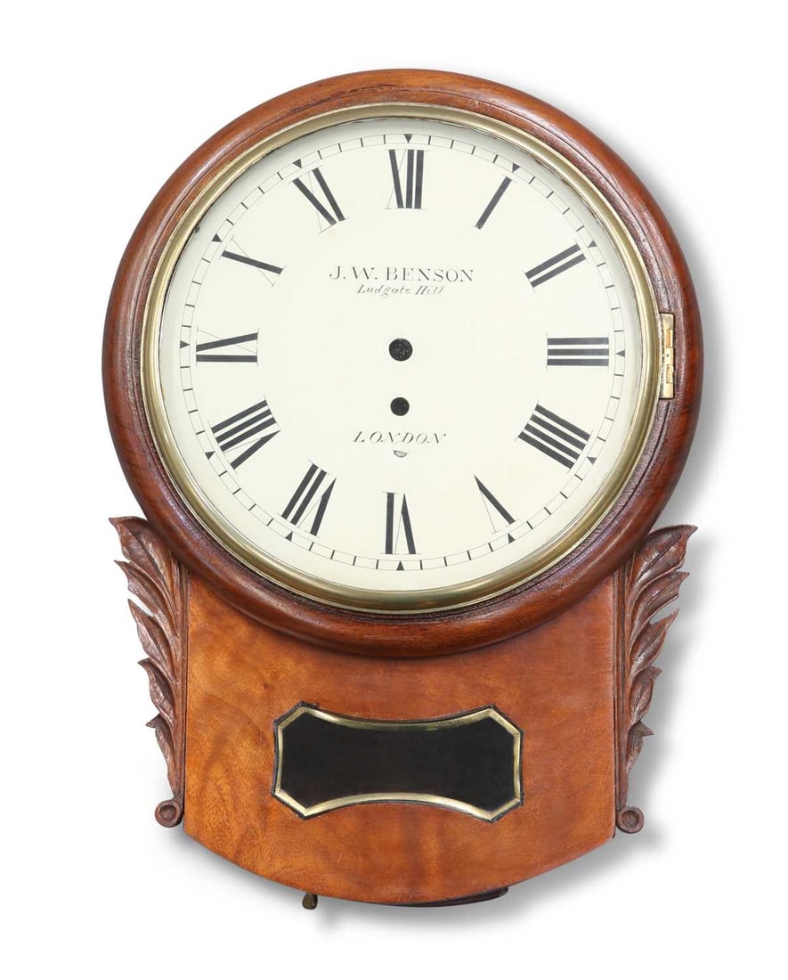 A SINGLE-FUSEE DROP-DIAL MAHOGANY WALL CLOCK, BY J.W. BENSON, LUDGATE HILL, LONDON: A SINGLE-FUSEE DROP-DIAL MAHOGANY WALL CLOCK, BY J.W. BENSON, LUDGATE HILL, LONDON in pieces. 31.5cm diameter
