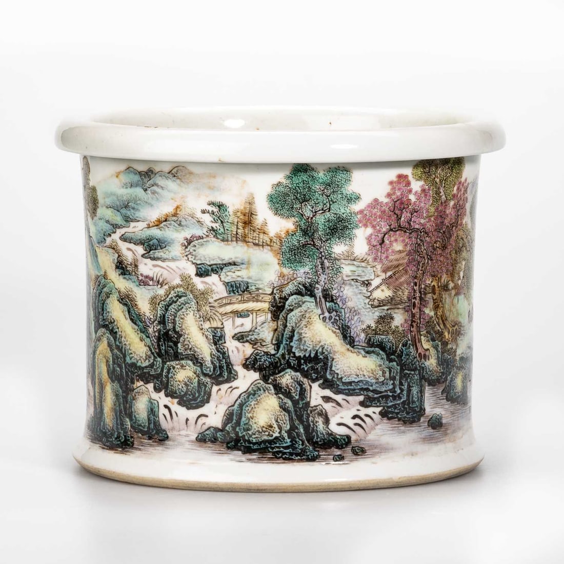 A LARGE CHINESE FAMILLE ROSE 'LANDSCAPE' BRUSHPOT, BITONG, EARLY 20TH CENTURY (1 of 4)