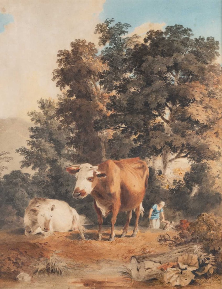 ATTRIBUTED TO ROBERT HILLS (1769-1844) CATTLE AND A FIGURE IN A WOODLAND LANDSCAPE: ATTRIBUTED TO ROBERT HILLS (1769-1844) CATTLE AND A FIGURE IN A WOODLAND LANDSCAPE Watercolour and pencil Provenance: DUR Collection stencil verso (42cm x 32.5cm)