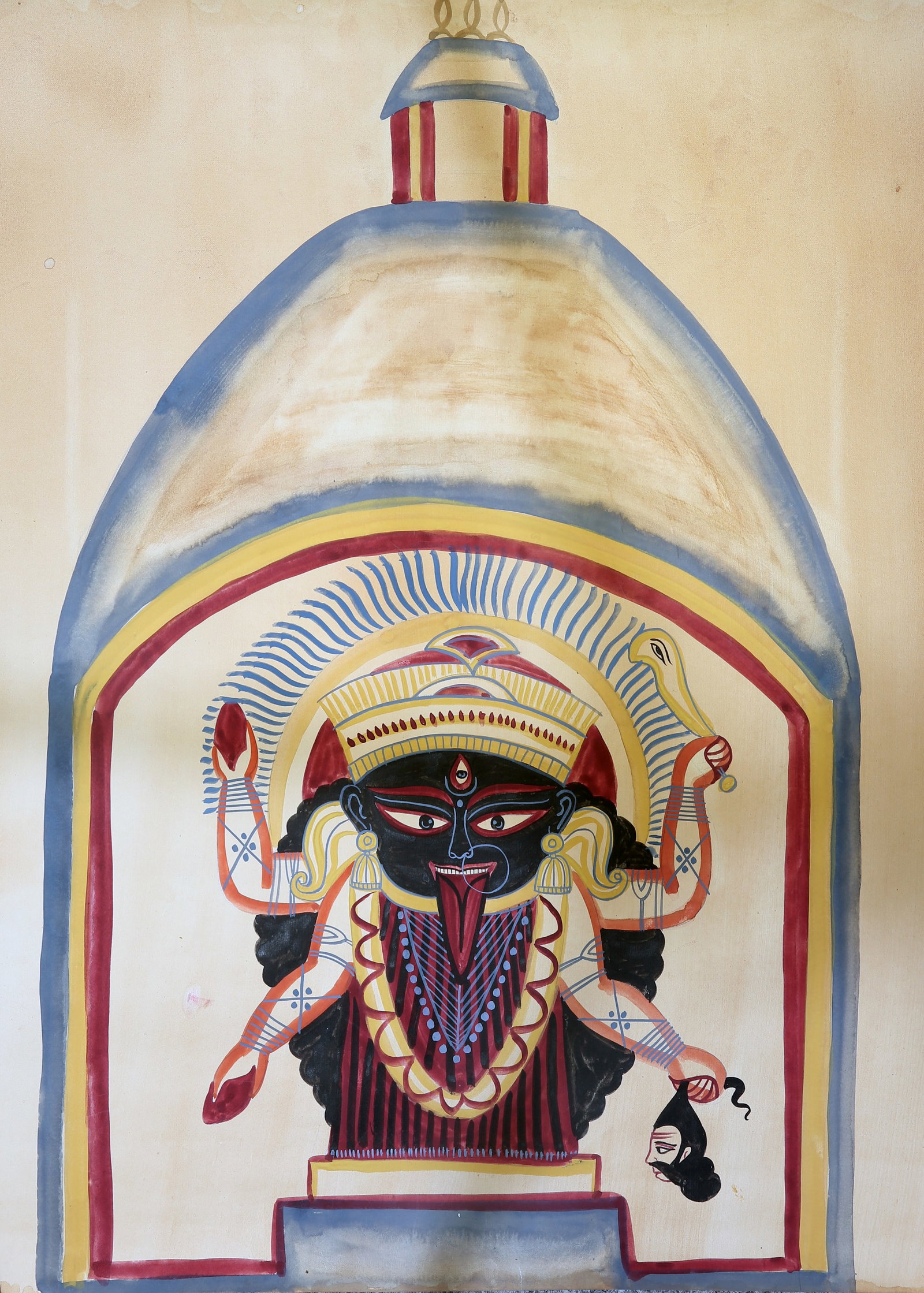 KALIGHAT SCHOOL (BENGAL, CIRCA 1890-1920), GODDESS KALI IN KALIGHAT TEMPLE: KALIGHAT SCHOOL (BENGAL, CIRCA 1890-1920), GODDESS KALI IN KALIGHAT TEMPLE large painting, opaque pigments on paper. 75cm by 60cm