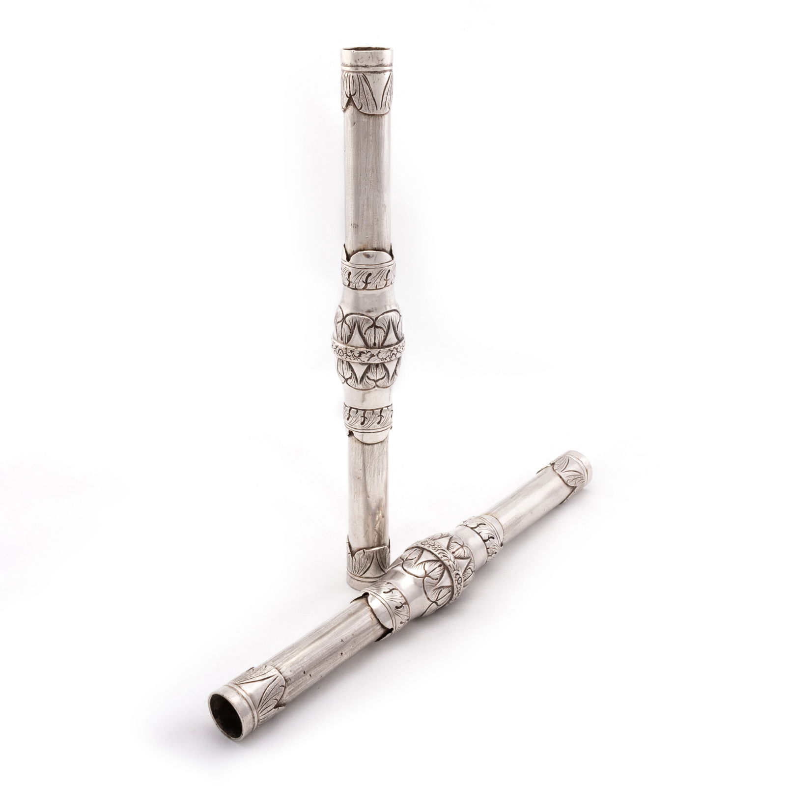 A PAIR OF SPANISH COLONIAL SILVER SCROLL HOLDERS OR CEREMONIAL BATONS (1 of 2)