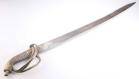 A RUSSIAN NAVAL SWORD, 1855 PATTERN, LATE 19TH/EARLY 20TH CENTURY: A RUSSIAN NAVAL SWORD, 1855 PATTERN, LATE 19TH/EARLY 20TH CENTURY the blade double-edged for the last third and terminating in a quill point, the gilt-brass hilt with downscrolled rear quillion and