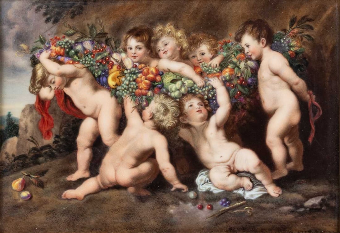 A BERLIN PORCELAIN RECTANGULAR PLAQUE, 'THE GARLAND OF FRUIT', LATE 19TH CENTURY (1 of 3)