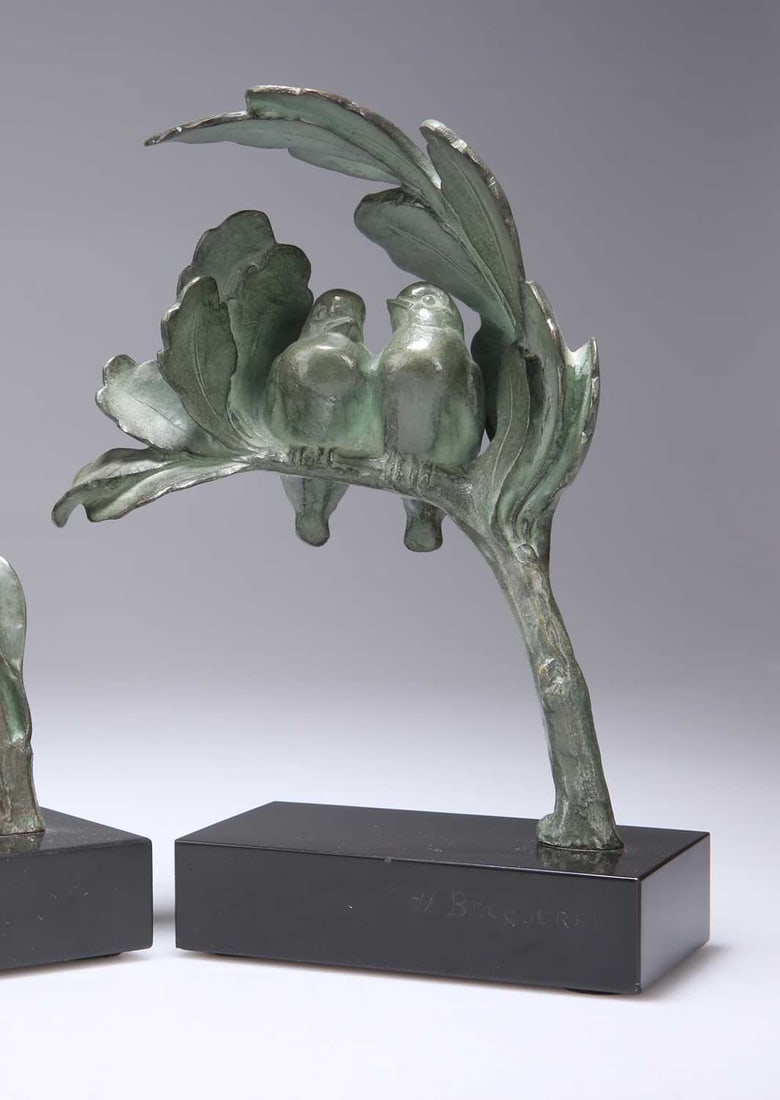 ANDRÉ VINCENT BECQUEREL (FRENCH, 1893-1981), A BRONZE GROUP OF TWO BIRDS ON A BRANCH: ANDRÉ VINCENT BECQUEREL (FRENCH, 1893-1981), A BRONZE GROUP OF TWO BIRDS ON A BRANCH on a black marble base, signed AV BECQUREL to the base, stamped BRONZE. 24cm high