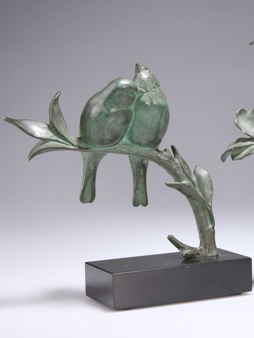 ANDRÉ VINCENT BECQUEREL (FRENCH, 1893-1981), A BRONZE GROUP OF TWO BIRDS ON A BRANCH: ANDRÉ VINCENT BECQUEREL (FRENCH, 1893-1981), A BRONZE GROUP OF TWO BIRDS ON A BRANCH on a black marble base, signed BECQUEREL to the base, numbered 56 in the cast. 20cm high